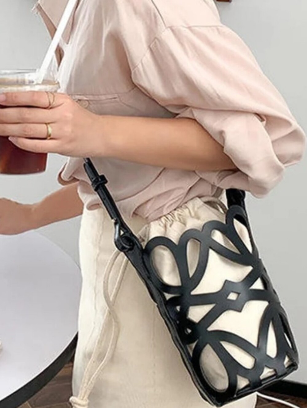 crossbody Bucket Bag with White Canvas Insert - Picture 6 of 7